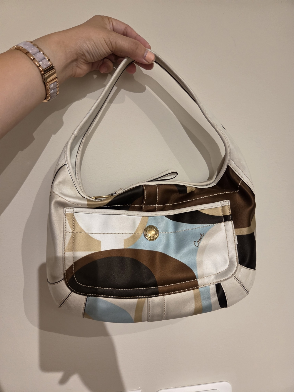 Coach White Leather and Multicolor Print Hobo Satin Ergo Shoulder Bag 10781